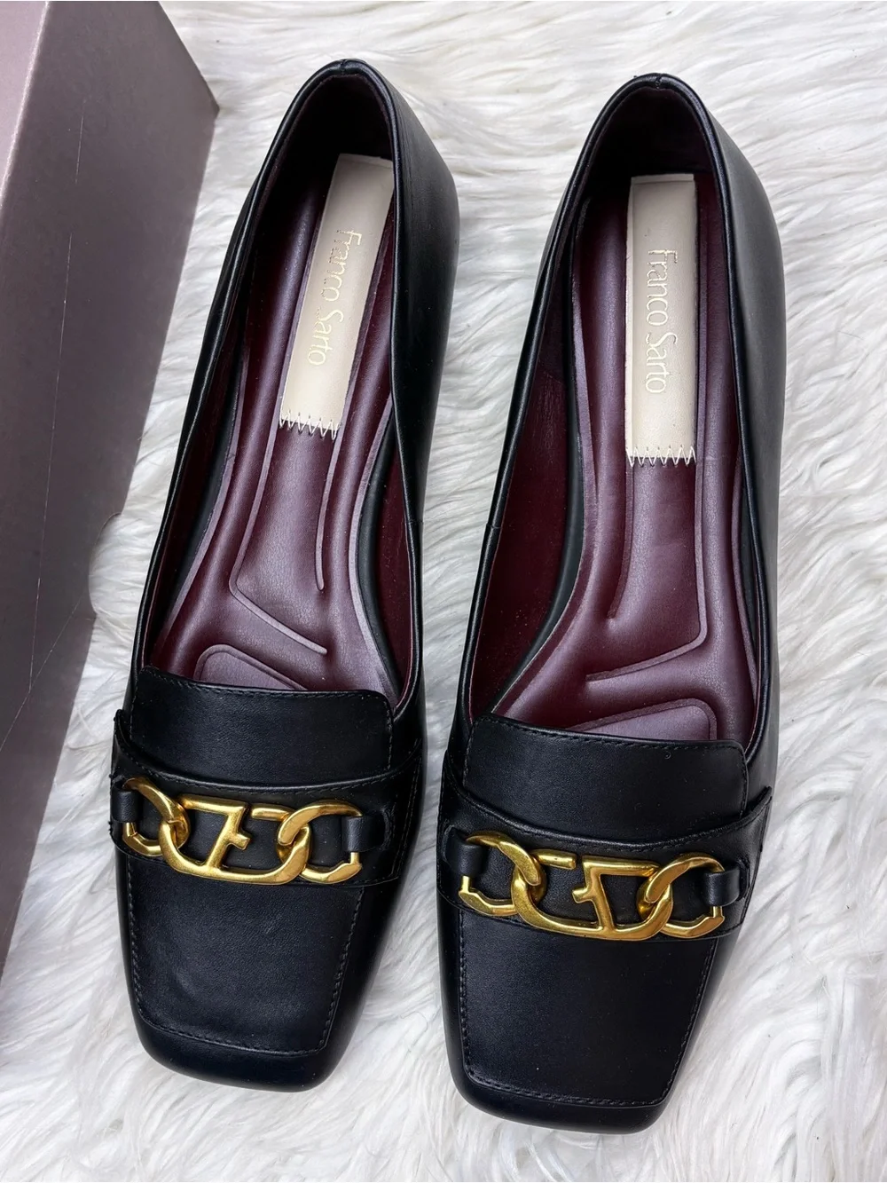 Franco Sarto Tiari Square Toe Loafer Flats Black Smooth Leather Gold Chain NEW 8